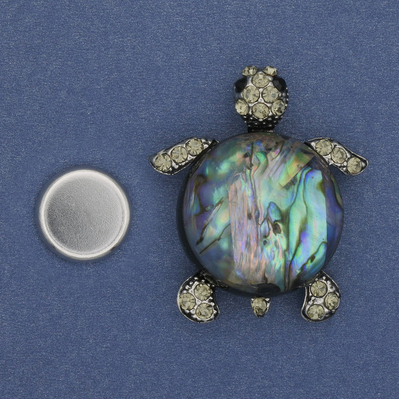 Magnetic Turtle Brooch with Chalcedony 40x34mm± with Crystals, Silver Metal