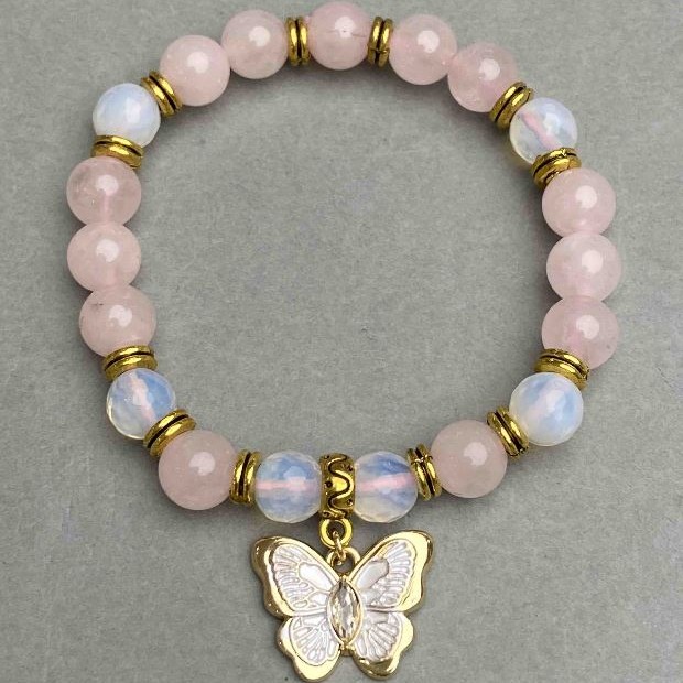 Bracelet Pink Quartz bead 8mm+- Moonstone faceted bead 8mm+- with a pendant, length 18cm+- stretch