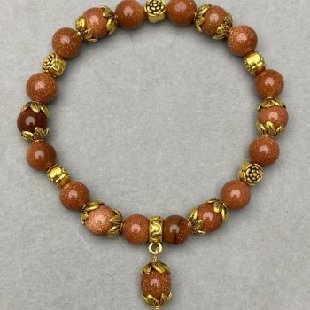 Bracelet Aventurine gold sand round bead 8mm ± with decorative inserts, length 18cm ± stretch