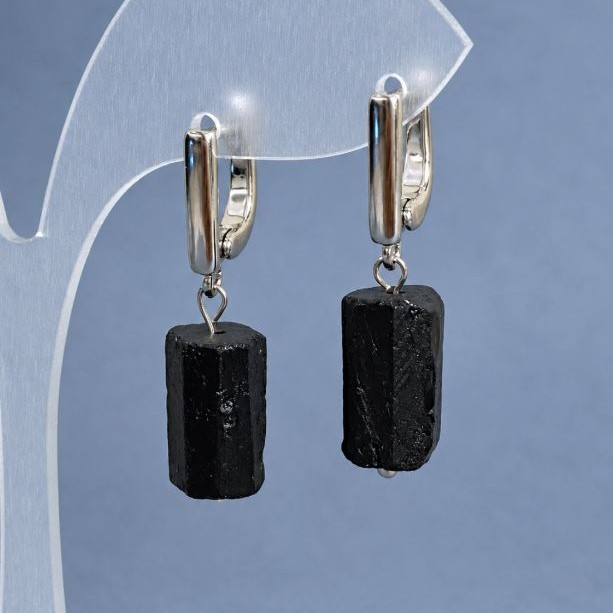 Earrings Tourmaline Schorl unpolished stone, diameter 14x9mm +- , length 32mm +- , silvery metal