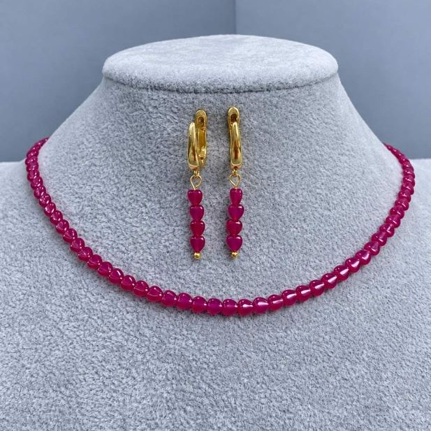 Choker set Ruby Corundum heart 4mm+- , length 34 cm+- extender chain 5cm+- Earrings, length 33mm+-