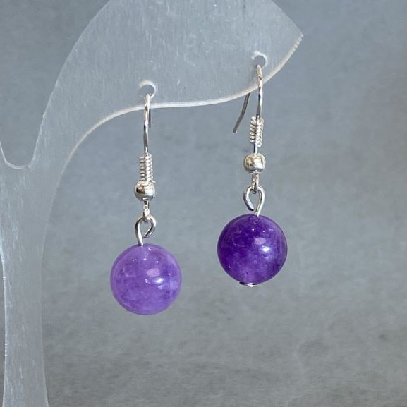 Earrings Amethyst smooth bead 10mm+- , length 30mm+-