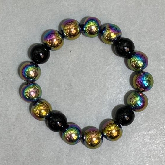 Bracelet Agate Hematite smooth round bead 12mm+- , length 18cm+- stretch