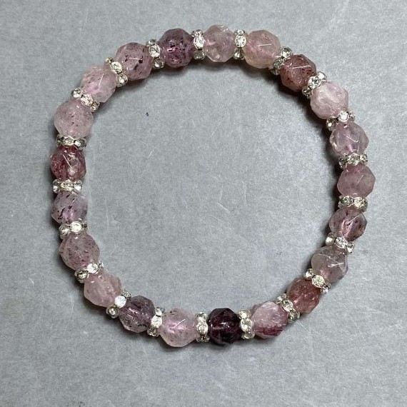 Bracelet Strawberry Quartz faceted 8x7mm+- with inserts, length 18cm+- stretch
