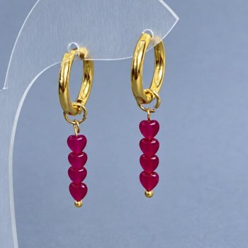 Earrings Ruby Corundum heart 4mm+- with gold-colored clasp, diameter 16mm+-, length 35mm+-