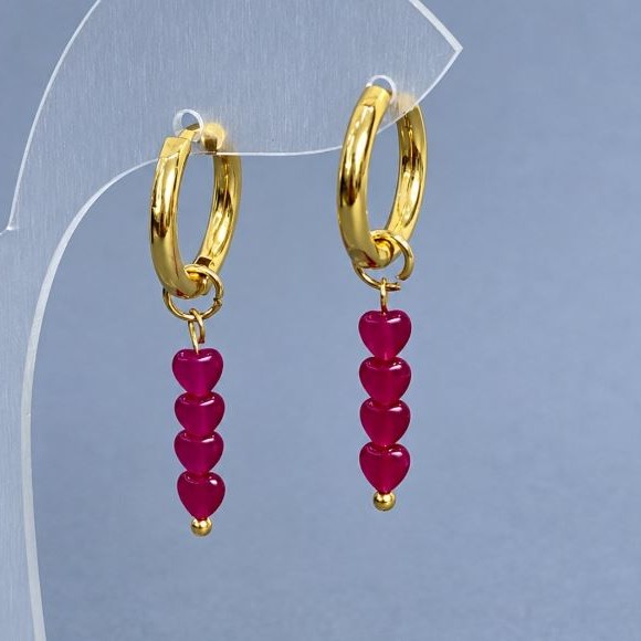 Earrings Ruby Corundum heart 4mm+- with gold-toned metal hooks, diameter 16mm+- , length 35mm+-