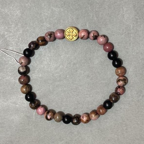 Rhodonite bracelet smooth round bead 6mm +- with inlay, length 18cm +- stretch