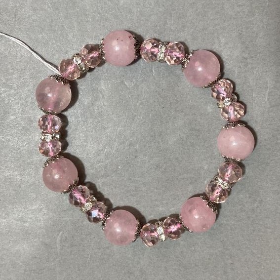 Bracelet Pink Quartz smooth bead 12mm± Czech crystal faceted rondelle 8x6mm±, length 18cm± stretch