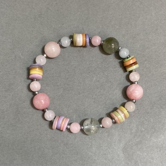 Bracelet Morganite smooth round bead 6mm±–10mm± Scafarca rondelle 8x2mm±, length 18cm± stretch