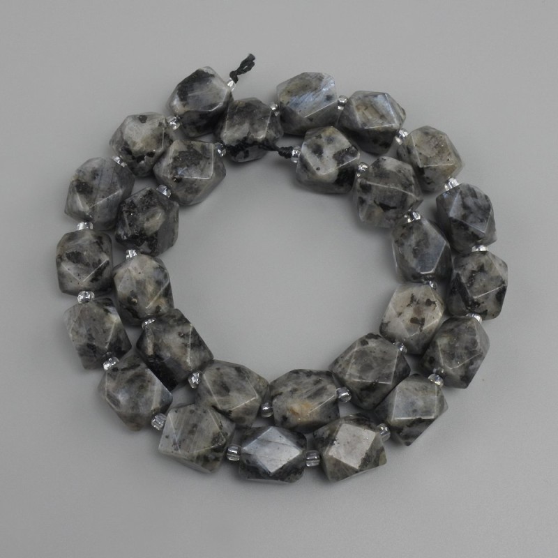 Larvikite faceted beads, diameter 11, 5-12x9-11mm+- seed beads 3mm+-, length 39cm+