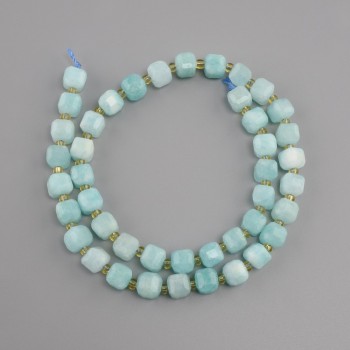 Aquamarine beads faceted cube, diameter 7x7 mm +- bead 3 mm +-, length 37 cm +-
