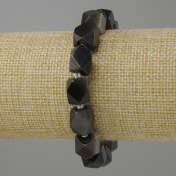 Bracelet Silver-obsidian multi-faceted, diameter 12x10mm± seed beads 3mm±, length 18cm± stretch