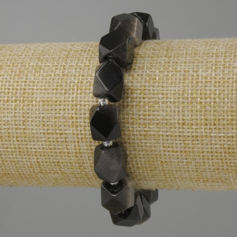 Bracelet Silver-obsidian multi-faceted, diameter 12x10mm± seed beads 3mm±, length 18cm± stretch