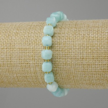 Aquamarine bracelet faceted cube, diameter 7×7mm ± seed beads 3mm ±, length 18cm ± stretch
