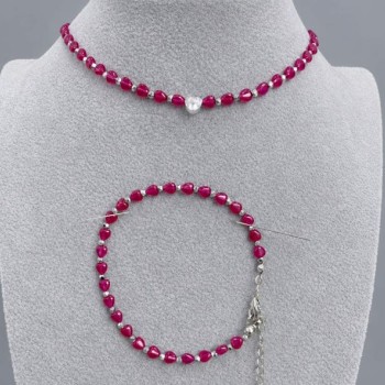 Choker and bracelet set Corundum Ruby Heart 4mm+- Hematite faceted bead 2mm+-, length 34cm + 5cm extension chain, length 18cm + 5cm extension chain