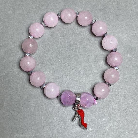 Bracelet Pink Quartz round bead 10mm+- Hematite rondelle 3x2mm+-, length 18cm +- stretch
