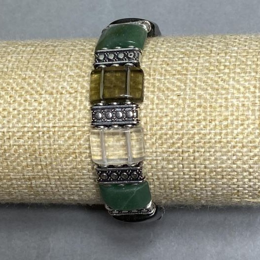 Jade and Rauch Topaz and Rock Crystal bracelet, link, diameter 16×11mm ±, length 18cm ± stretch