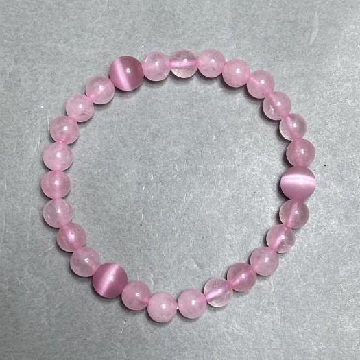 Bracelet Pink Quartz 6 mm bead +- "Cat's Eye" bead 8 mm +-, length 18 cm +- stretch