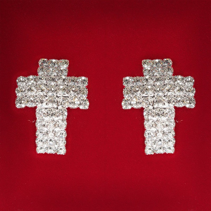 Women's earrings with white crystals, light metal, wedding and evening studs, cross-shaped, large 25mm