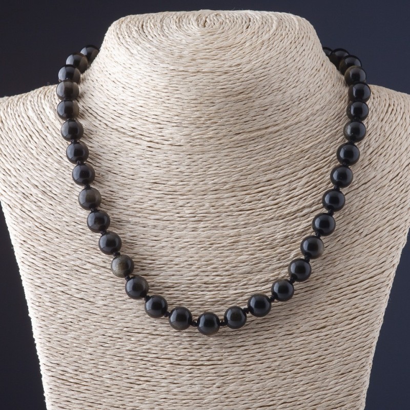 Sun Obsidian Necklace with smooth round beads, 10mm diameter, 45cm length