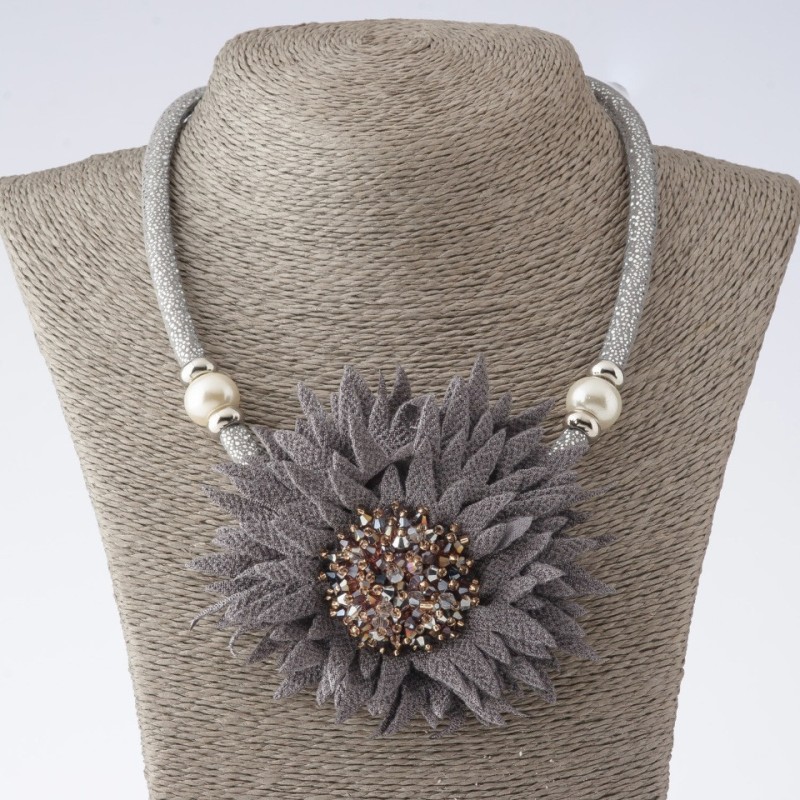 Cord Necklace Gray Chrysanthemums Textile Fashion, length 48-55 cm