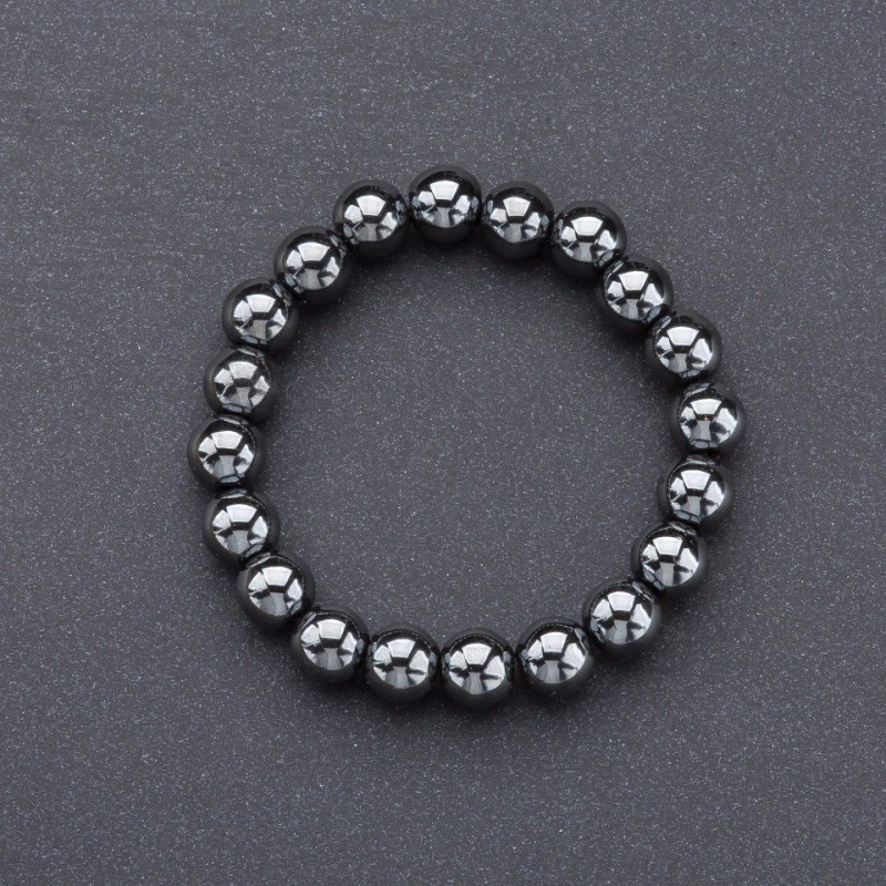 Natural hematite stone bracelet on elastic – smooth beads, 10 mm diameter