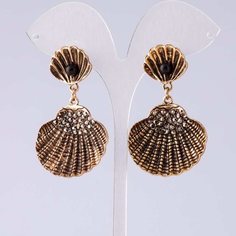 Evening Shell Earrings in antique gold color, length 5.5 cm