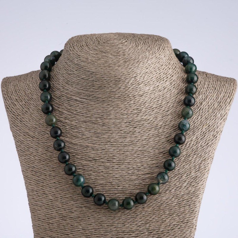 Natural stone necklace Moss Agate, smooth bead, 12 mm diameter, 50 cm length