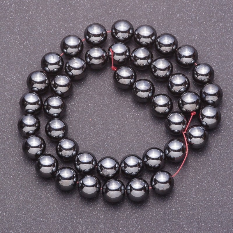 Natural hematite gemstone beads on thread, smooth spheres, 10 mm diameter, 38 cm length