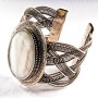 Wide Mother-of-Pearl Bracelet with Bracket-Style Metal Setting, Crescent Pattern, Oval