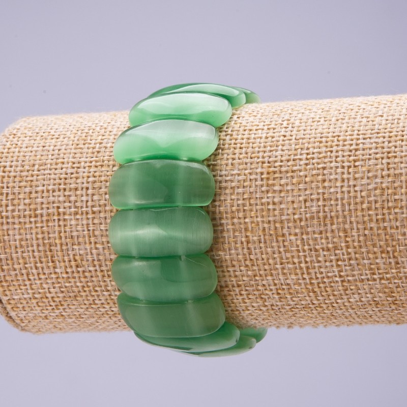 Green Cat's Eye Natural Stone Bracelet, 25×11 mm beads, on elastic