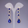 Earrings with blue crystals, 6 cm length, yellow metal