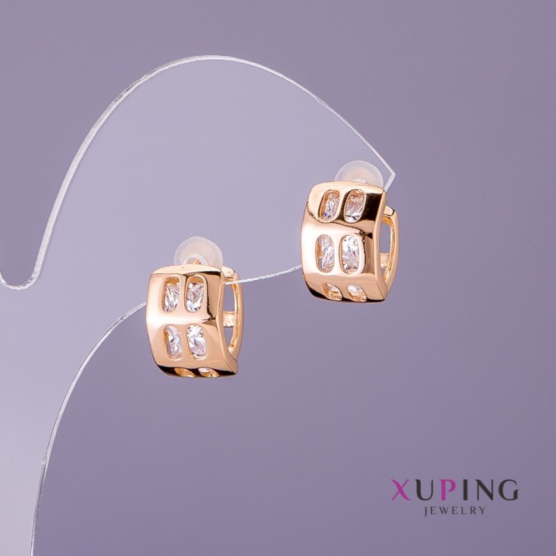 Xuping Earrings with White Stones, 8 mm Diameter, 12 mm Length, Gold Color