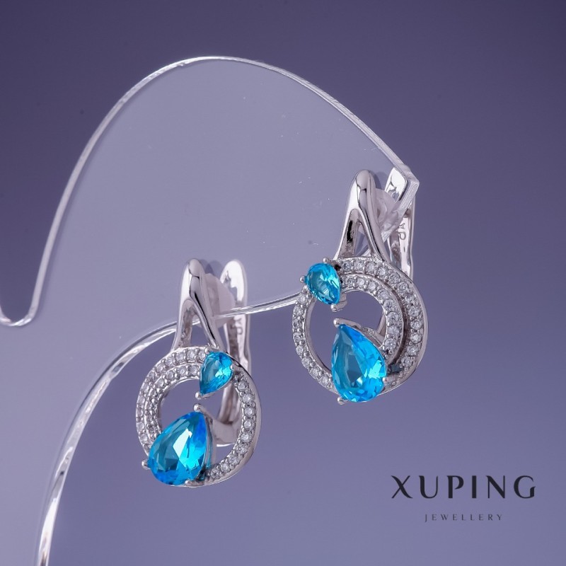 Xuping Zircon Blue Topaz Earrings 20x12 mm Rhodium