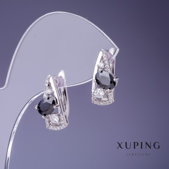 Xuping Earrings 17x8mm Rhodium-Coated with Black Stone