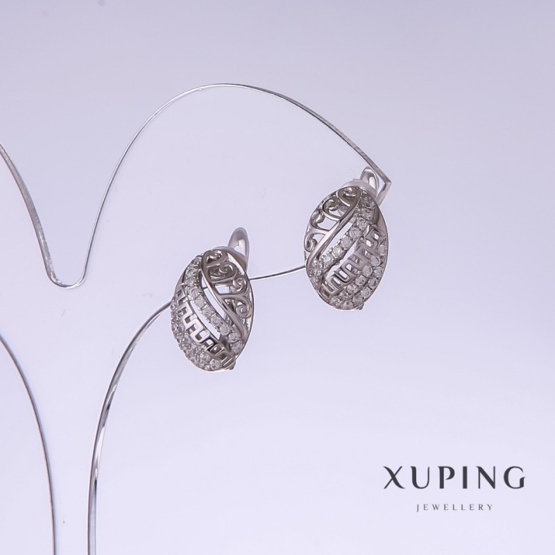 Сережки Xuping, довжина 17мм, товщина 9мм родій з білими кристалами