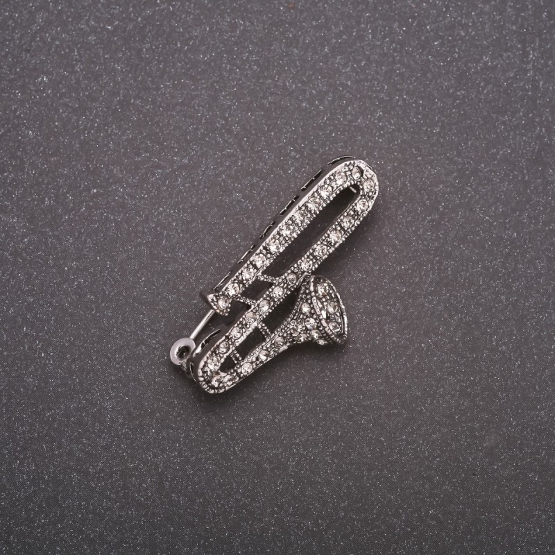 Brooch 'Flute in Crystals' Gray Metal 38x19mm