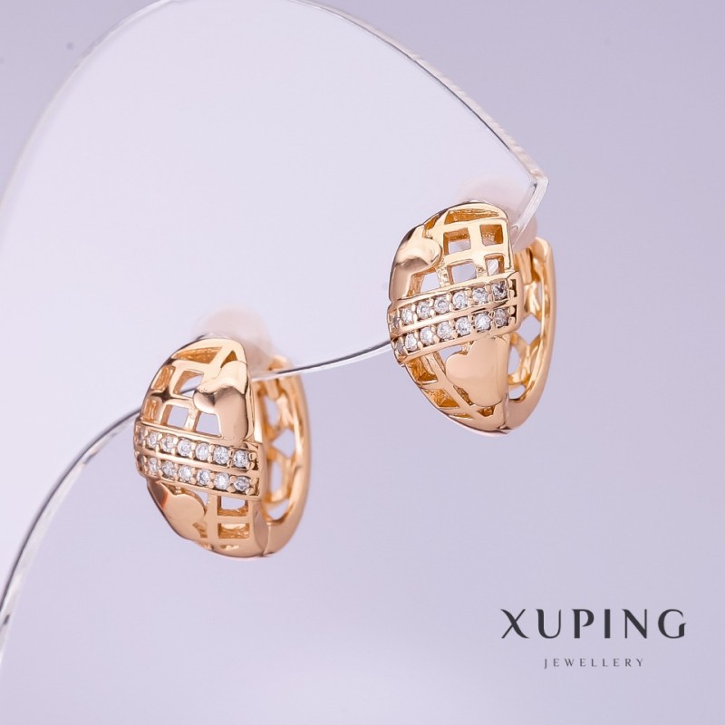 Xuping Earrings with White Crystals, 8mm Diameter, 13mm Length, 18K Gold Plating