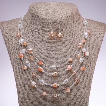Earrings and Necklace Set 'On the Strings of the Soul' cube beads 'Champagne', diameter 5-8mm, length 45-50cm