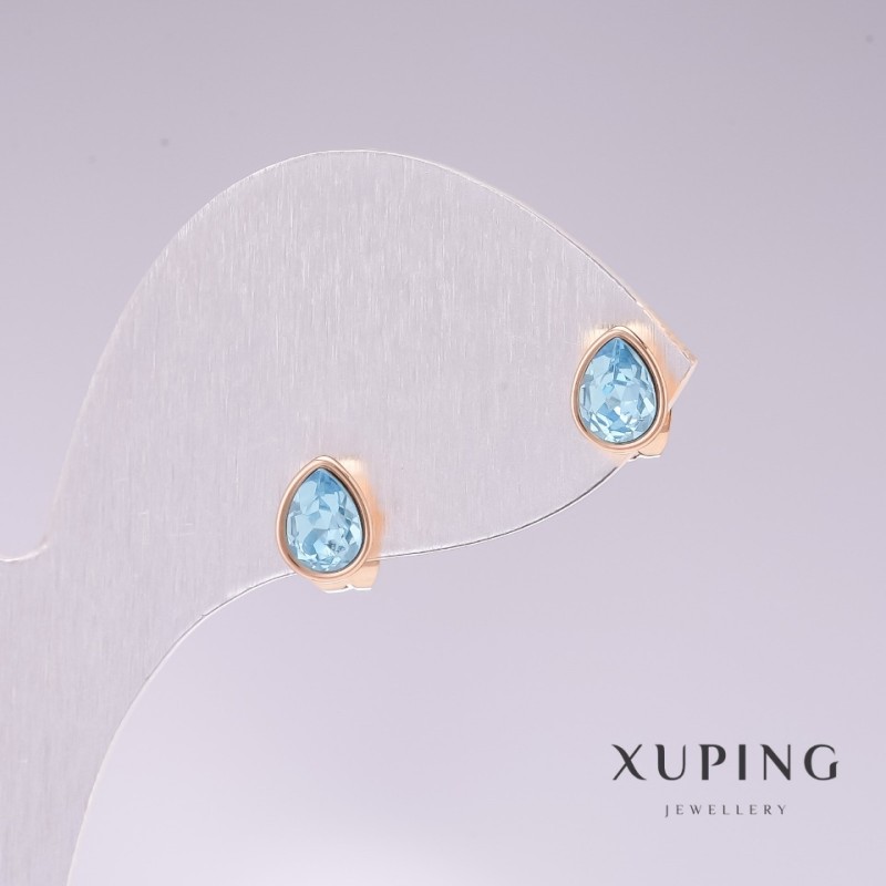 Xuping Teardrop Blue Stone Stud Earrings, 18K Gold Plating, 18x7 mm