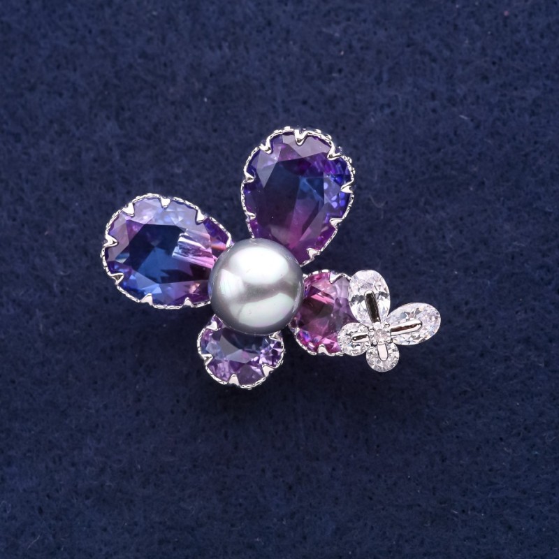 Butterfly Brooch with Blue and Pink Crystals in Swarovski Style, 37 x 28 mm, White Metal