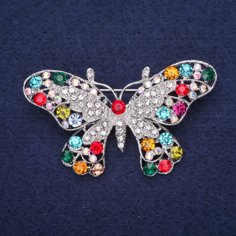 Sale! Butterfly Brooch with Crystals in Red, Blue, Pink, Green, Raspberry, and White — 57×34 mm, Silver-Tone Metal