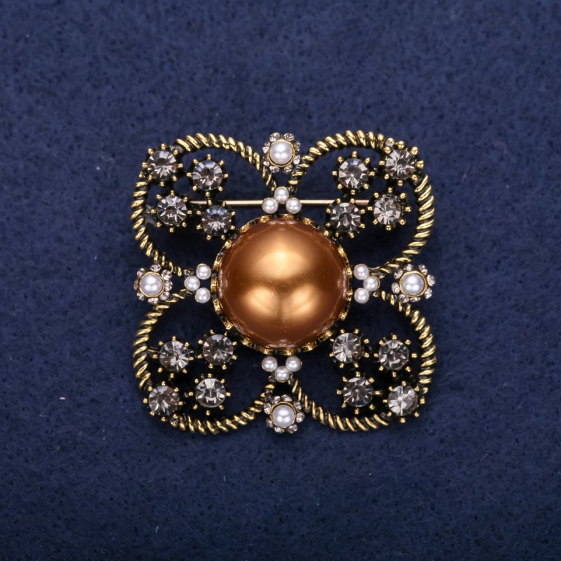 Sale! Brooch 'Order of Beauty' with pearl beadwork and rhinestones, color brown, gray, white, 42×51 mm, yellow metal
