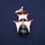 Ship Brooch with Enamel in White and Black, 30×44 mm, Yellow Metal