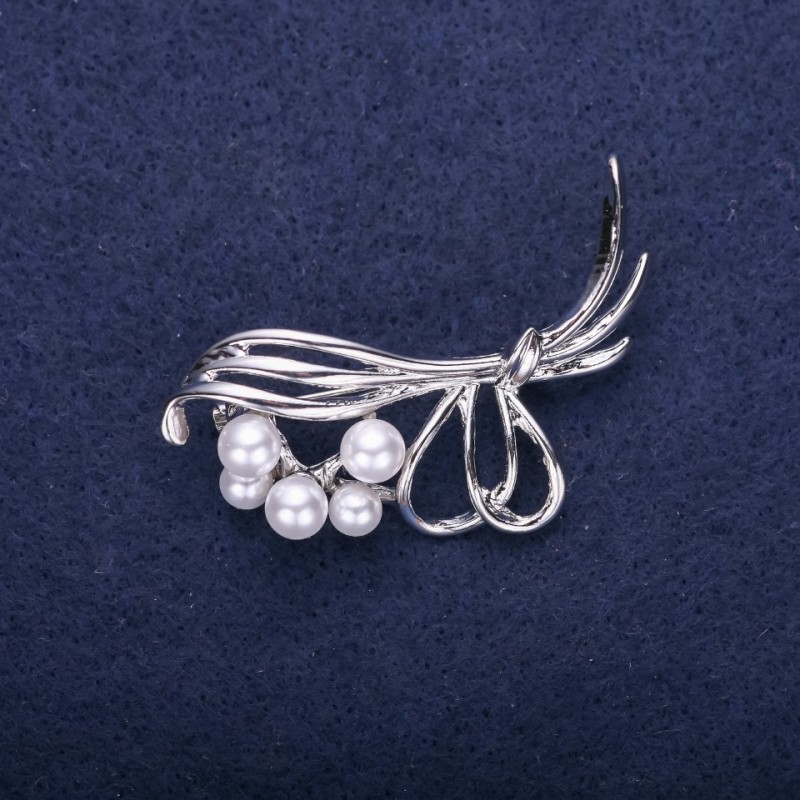 Sale! Clearance Brooch Bouquet with White Pearl Beads, 50×22 mm, Silver-Toned Metal