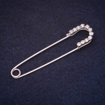Brooch pin 70×16 mm with white crystals, silver-colored metal