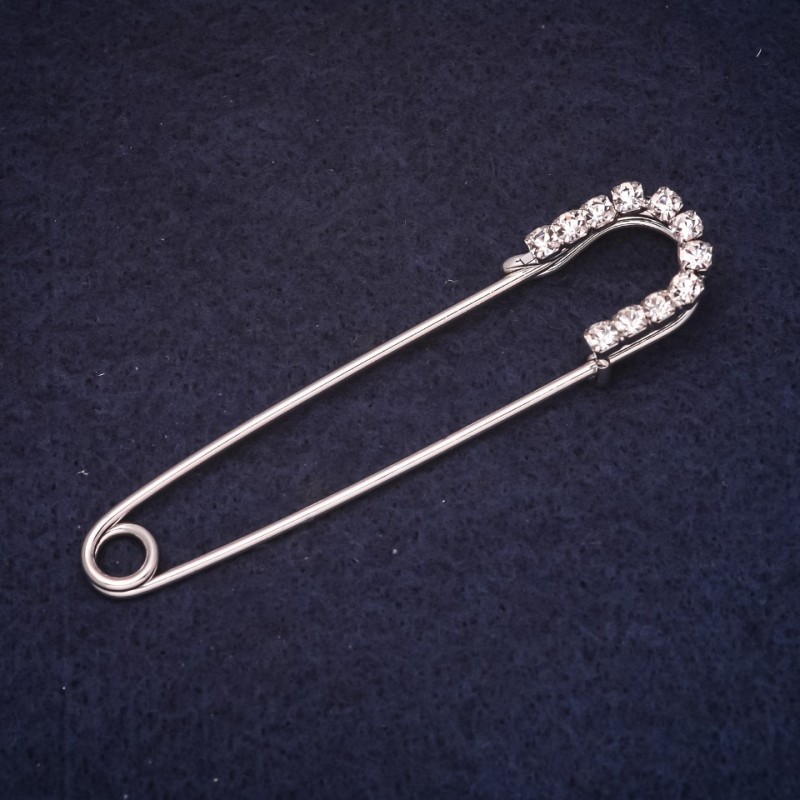 Brooch pin 70×16 mm with white crystals, silver-colored metal