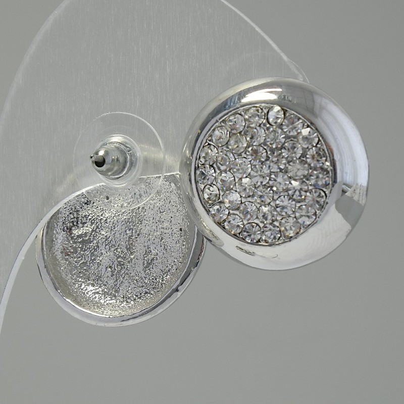 Circle Stud Earrings, White Crystals, Silver-Tone Metal, 2 cm