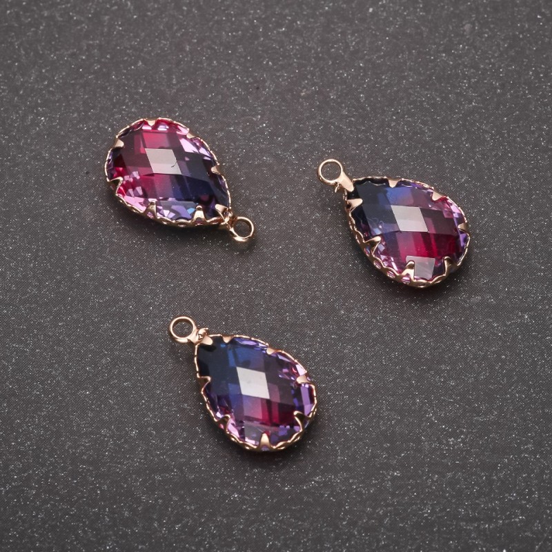 Pendant 'Drop' Blue-Pink Color, Gold-Tone Setting 10×17 mm