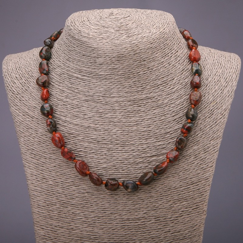 Necklace of natural red jasper, tumbled, 9×12 mm diameter, 48 cm length